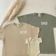 This matching family shirts is perfect for baby shower gifts, baby hospital coming outfit, pregnancy announcement, and family pictures or family photoshoot outfits! This is also perfect for gifting to your friends and loved ones for any occasions Note that the letters used are patches and are heat pressed. Our shirts run in a UNISEX fit. The shirts naturally have a slightly oversized fit giving extra room for moving around and comfort! For this reason, we highly recommend getting your true norma Momma To Be Shirts, Moms Coming Home Outfit From Hospital, Family Coming Home From Hospital Outfits, Matching Going Home Outfits, Matching Hospital Outfits For Family, Mom And Dad Shirts Pregnancy, Gender Neutral Hospital Outfit, Mom Coming Home From Hospital Outfit, Organic Photoshoot