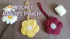 three crochet items sitting next to each other with the words crochet arddds pouch