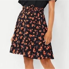 Lined Back Zipper Closure 100% Viscose Chic Orange Floral Print Skirt, Black Floral Print Skirt, Ann Taylor Petite, Floral Mini Skirt, Lilac Flowers, Black Orange, Orange Black, Orange Color, Ann Taylor