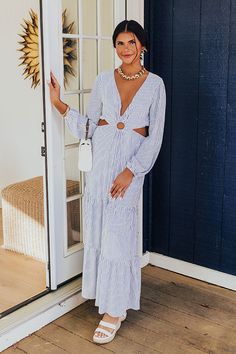 Sweet By The Sea Cut Out Maxi in Blue Loose Sleeves, Side Cuts, V Cut, V Cuts, By The Sea, Cut Outs, Blue Stripes, Ankle Length, The Sea