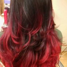 Layer Tips Dyed, Brown With Red Tips Hair, Dyed Red Tips Hair, Dyed Tips On Layered Hair, Tipped Hair Color Dip Dye, Red Hair Dip Dye, Black Faded To Red Hair, Black Faded Into Red Hair, Dark Brown Roots With Red Ends