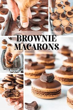 chocolate macarons are being made with brownie cookies and then topped with frosting