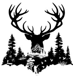 a black and white silhouette of a deer's head with trees in the background