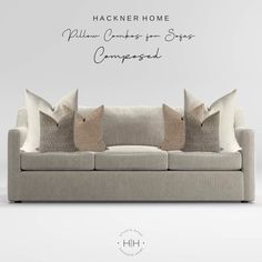 a couch with pillows on it and the words hackner home written in black ink