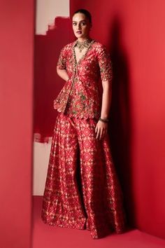 Shop for Ridhi Mehra Red Raw Silk Saadirah Printed Peplum Top And Sharara Set for Women Online at Aza Fashions Silk Sharara, Ridhi Mehra, Printed Peplum Top, Embroidered Crop Tops, Sharara Set, Embroidered Neckline, Print Chiffon, Embroidered Silk, Ethnic Wear