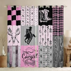 the curtains are decorated with different designs and colors, including cowboy boots on horses in black, pink, gray, and white