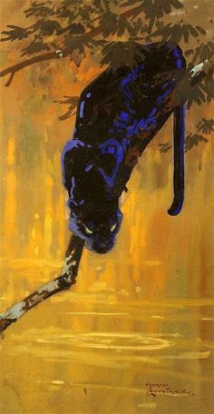 a painting of a blue cat hanging upside down on a tree branch in the rain