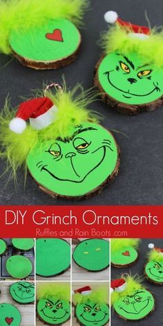 grin face ornaments made out of wood slices with green paint and fuzzy fur on them