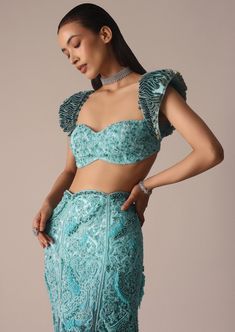 Blue Fish Cut Ombre Trail Skirt Set Fish Cut Skirt, Ethereal Sky, Choker Scarf, Fish Cut, Trail Design, Embellished Blouse, Statement Choker, Nehru Jackets, Blue Fish