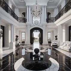 an elegant living room with marble floors and chandelier in the center, surrounded by black and white furniture