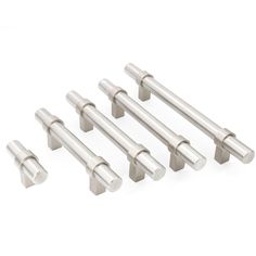 six stainless steel curtain rods on a white background