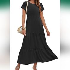 Auselily Womens Summer Floral Tiered Maxi Dress Casual Short Sleeve Smocked-Top Bohemian Maxi Dress Casual Black Smocked Dress For Day Out, Casual Black Smocked Dress For Beach, Black Flowy Smocked Dress For Summer, Black Smocked Dress With Ruffles For Vacation, Black Midi Dress With Smocked Back For Vacation, Casual Black Smocked Dress, Casual Black Maxi Dress With Ruffle Hem, Black Short Sleeve Smocked Dress For Spring, Black Maxi Dress With Smocked Back For Day Out