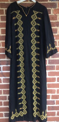 "Pit to pit 17\"/pit to wrist 14\"/length 56\"/waist 18.5\"/ 6\" split on each side.Hand embroidered/ 18\" Zipper down back. Amazing workmanship.Smoke free environment.No issues clean(130)" Traditional Straight Kurta With Geometric Embroidery, Traditional Kurta With Geometric Embroidery For Eid, Traditional Fitted Kurta With Geometric Embroidery, Festival Straight Kurta Kaftan With Embroidered Border, Bohemian Maxi-length Transitional Kurta, Bohemian Maxi Length Kurta For Transitional Season, Traditional Tunic Dress With Embroidered Border, Festive Maxi Length Kurta With Embroidered Border, Festive Maxi-length Kurta With Embroidered Border