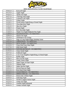 the official list for the 2012 - 2013 awana club calendar, with dates and times