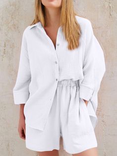 Short Sleeve Loungewear Sets With Button Closure, Cotton Button-up Sets For Vacation, V-neck Shirt With Button Closure For Beach, Summer Daywear Button-up Sets, Summer Beach Sets With Button-up Detail, Maxi Dress Formal, Formal Evening Dresses, Sweaters Knitwear, Stretchy Material