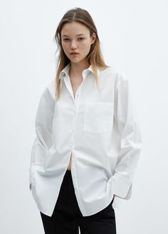 Pocket oversize shirt - Woman | MANGO USA School Dress Code, Oversized White Shirt, Collard Shirt, Oversize Shirt, Mango Outlet, Oversize Women, Stylish Work Outfits, Tshirt Outfits, Slim Fit Pants