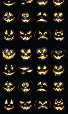 halloween pumpkins glowing in the dark with different faces and mouth shapes on black background