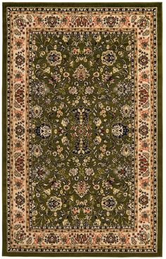 a green rug with floral designs on the bottom and beige trimmings around it