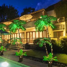 palm trees are lit up in front of a house at night with pool and patio furniture