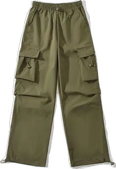 Khaki High-waist Loose Fit Parachute Pants, High Waist Khaki Parachute Pants, Loosely Fitted High Waist Khaki Parachute Pants, Khaki High Waist Loosely Fitted Parachute Pants, Baggy Green Bottoms With Drawstring, Green Straight Leg Pants With Drawstring, High Waist Green Sweatpants With Pockets, Khaki Wide Leg Drawstring Bottoms, Green Wide Leg Cargo Pants With Drawstring