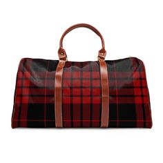 "Embrace timeless style with our Waterproof Travelling Bag featuring a classic red and black plaid tartan pattern. This digital representation captures the essence of comfort and tradition with its intersecting lines forming a cozy grid-like design. The red and black hues dance elegantly against the deep black backdrop, exuding warmth and a sense of enduring style. Elevate your travels with this timeless pattern that blends sophistication and comfort seamlessly. This personalized travel bag is a Red Rectangular Bag For Weekend Trips, Red Rectangular Travel Bag For Weekend Trips, Large Capacity Red Bag For Overnight Trips, Red Rectangular Travel Bag For School, Red Rectangular Duffle Bag For School, Red Rectangular Weekender Bag For Trips, Red School Bag With Luggage Sleeve, Plaid Satchel Shoulder Bag For Travel, Plaid Rectangular Bag For School