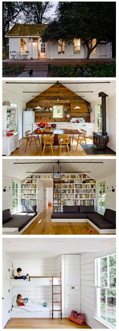 four different views of the inside and outside of a house with wood floors, white walls, and windows