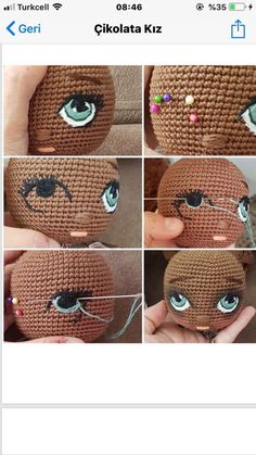 crocheted doll with eyes and eyebrows is shown in four different pictures, including the eye