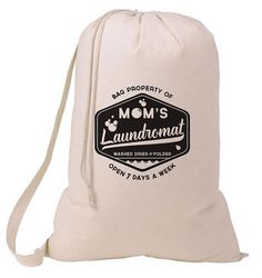 a white drawsack bag with the words mom's laundrybag printed on it