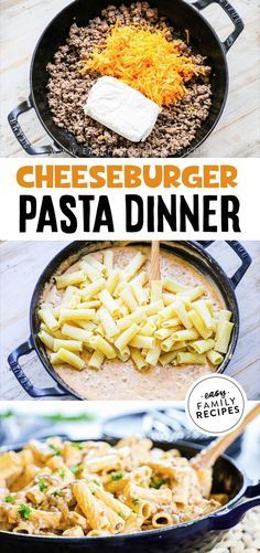 cheeseburger pasta dinner in a skillet with text overlay