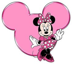 minnie mouse with pink and white polka dots on her head, standing in front of the word