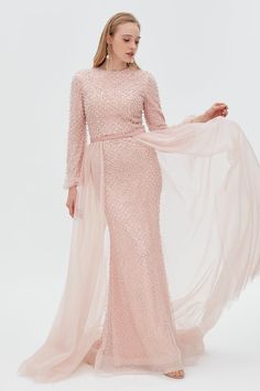 Neckline Outfit, Detachable Tulle Skirt, Modest Formal Dresses, Dresses For Ladies, Pink Gown, Long Sleeve Dress Formal, Pink Gowns, Beautiful Evening, Mermaid Silhouette