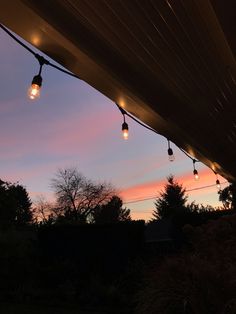 some lights are hanging from the roof of a house at sunset or dawn with trees and bushes in the foreground