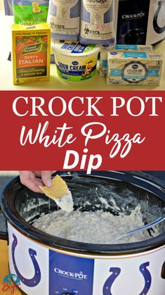 crock pot white pizza dip recipe in the slow cooker with text overlay