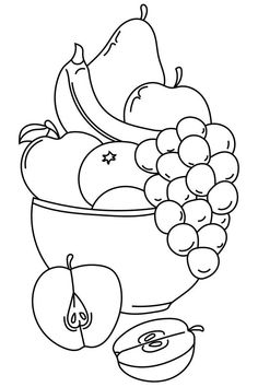 a black and white drawing of fruit in a bowl