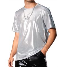 The shiny metallic fabric of the short sleeves t-shirts can add a touch of glamour to your outfit. The short sleeves metallic t shirts can make you outstanding from the crowd. Pair the short sleeves metallic shirts with shiny pants or shorts for streetwear, disco, nightclub and any casual occasions. Great gift for your friend, boyfriend, and your father. Fitted Silver T-shirt With Short Sleeves, Metallic Short Sleeve Shiny Top, Short Sleeve Shimmer Tops For Summer, Silver Crew Neck Top For Party, Silver Short Sleeve T-shirt For Summer, Silver Crew Neck T-shirt For Summer, Summer Silver Crew Neck T-shirt, Metallic Short Sleeve Tops, Shiny Silver Summer Tops