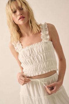 Sandy Shores Smocked Ruffle Cropped Cami Top - ShopPromesa Sandy Shores, Cropped Cami, Cami Crop Top, Fitted Silhouette, Cami Top, Cami Tops, Square Neckline, Ruffle Hem, Smocking