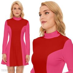 Indulge in the nostalgic allure of our 60s Dress Style with this striking Red and Pink Mod Dress. This GOGO Dress is a vibrant representation of the iconic 60s fashion, featuring a captivating color block design in shades of Red and Pink. Crafted from luxurious 100% polyester velour material, this Retro Dress not only pays homage to the past but also ensures a comfortable and stylish fit for the modern wearer. The turtle neckline and princess-style bodice add a touch of sophistication, making it Dress 60s Style, 60s Fashion Dresses, 60s Mini Dress, Gogo Dress, 60s Style, Color Block Dress, Vintage Inspired Fashion, Block Dress, 60s Dress