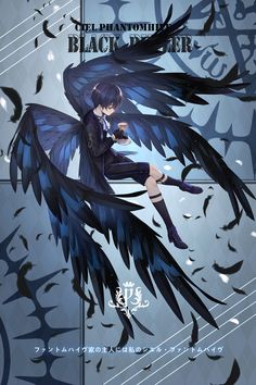 an anime character with black hair and blue wings