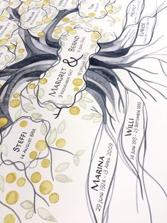 a drawing of a tree with yellow leaves on it's branches and the names of all its branches