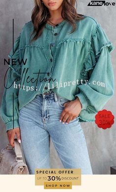 Balloon Sleeve Oversized Denim Shirt Trendy Frayed Hem Denim Top For Fall, Trendy Fall Denim Top With Frayed Hem, Oversized Denim Top With Frayed Hem For Spring, Trendy Long Sleeve Denim Top, Relaxed Fit Trendy Denim Top For Spring, Trendy Medium Wash Tops For Spring, Trendy Relaxed Fit Denim Top For Day Out, Oversized Cotton Trendy Blouse, Oversized Trendy Cotton Blouse