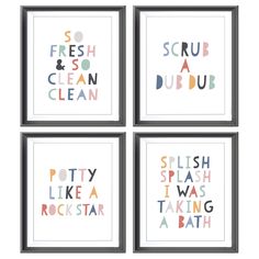 four framed art pieces with words that say scrub, clean, and dish like i was taking