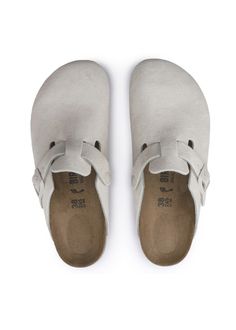 Our most sought-after clog, the Boston lends a fashion-forward edge to any style. Velvety suede gives the laid-back look classic, every season appeal. Featuring an additional foam layer for cushioning, the soft footbed offers extra comfort plus go-all-day support. Cushioned BIRKENSTOCK soft footbed creates custom support with wear Classic suede upper Suede footbed lining helps keep you comfortable EVA sole is flexible and lightweight Adjustable strap with metal pin buckle “Made in Germany” quali Antique White Birkenstocks, White Boston Clogs, White Clogs, Birkenstock Style, Womens Casual Boots, Mens Boots Casual, Suede Clogs, Birkenstock Women, Waterproof Winter Boots