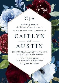 an elegant wedding card with flowers and leaves on the front, in red, white, blue