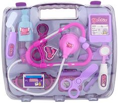 a pink and purple medical kit in a plastic case with scissors, stethoscopes