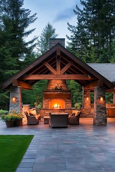 50+ Creative Covered Patio Ideas Attached to House with Fireplace Large Back Porch Ideas, Backyard Pavilion With Fireplace, Outdoor Fireplace Ideas Backyards, Outdoor Fireplaces Ideas, Fire Place Outdoor, Entertaining Backyard Ideas, Fireplace Backyard, Rustic Outdoor Fireplaces