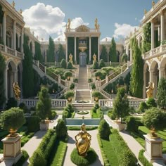 an elaborate garden with statues in the center and steps leading up to it, surrounded by greenery