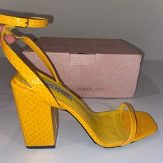 Yellow/Mustard Block Heels. Never Worn. Completely New. Can Fit Sizes 6.5-7 In Women. Yellow Heels With 4-inch Heel For Night Out, Formal Yellow Heels With 4-inch Heel, Yellow 4-inch Heel Formal Heels, Trendy Yellow Heels With 4-inch Heel, Yellow 4-inch Heel Synthetic Heels, Yellow Mustard, Snake Print, Block Heels, Shoes Women Heels