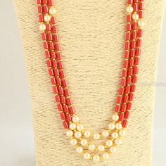 Long Coral Colour Beads And Pearl Necklace indian jewellery | Etsy Pagadalu Chains, Coral Beads Jewellery, Pearl Necklace Indian Jewelry, Pearl Necklace Indian, Bridal Earrings Silver, Red Coral Jewellery, Coral Colour, Silver Bridal Earrings, Indian Bridal Jewellery