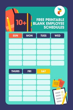 the free printable blank employee schedule is shown in blue and orange colors with an image of