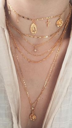 Five and Two York Yolanda Star Layer Necklace Layered Necklaces Gold Preppy, Lots Of Jewelry Outfits, Lots Of Necklaces Aesthetic, Gold Necklace Layered Mexican, Lots Of Gold Jewelry, Lots Of Jewelry Aesthetic, Layered Jewelry Aesthetic, Stacked Chains, Layered Necklaces Aesthetic